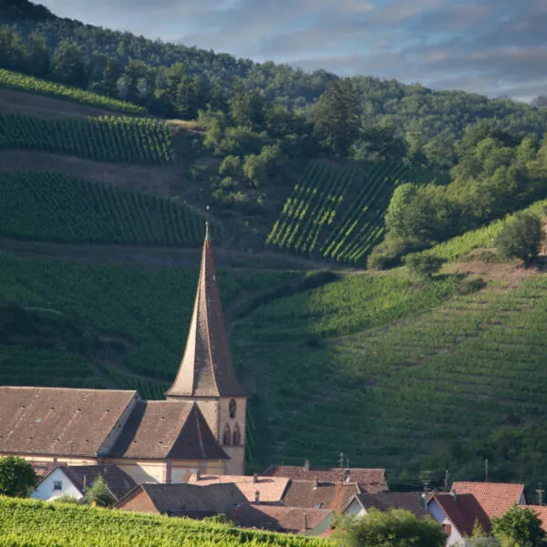 photo du village de Hunawihr et cloché vrillé de l'église